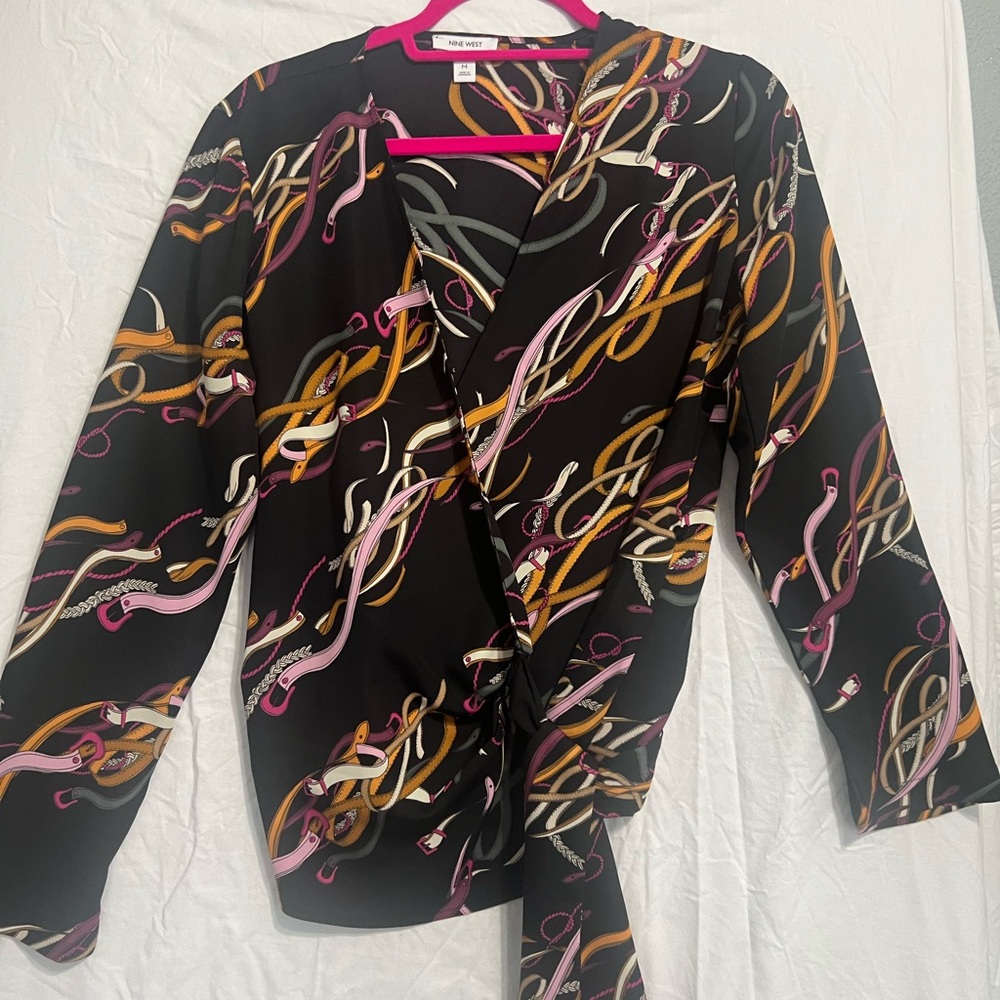 Nine West Black Wrap Blouse with Multicolor Pattern